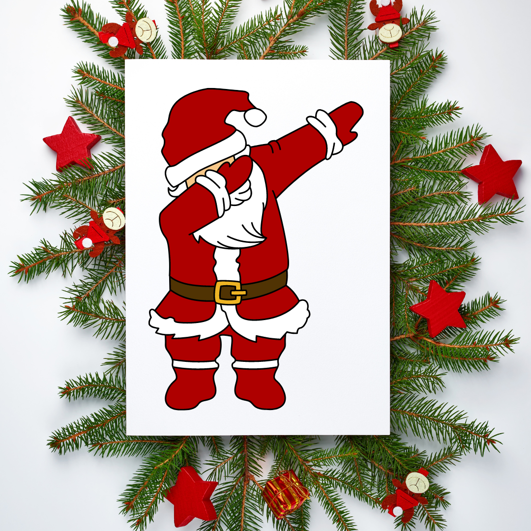 Santa wearing a red and white suit, doing the dab on a Christmas postcard.