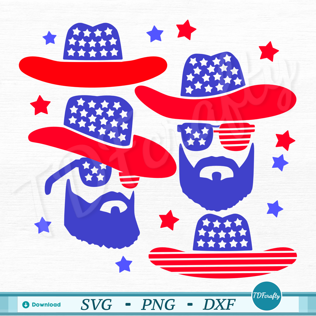 Patriotic Guy Beard with Sunglasses and Cowboy Hat