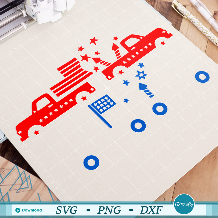 Patriotic Truck with American Flag and Fireworks