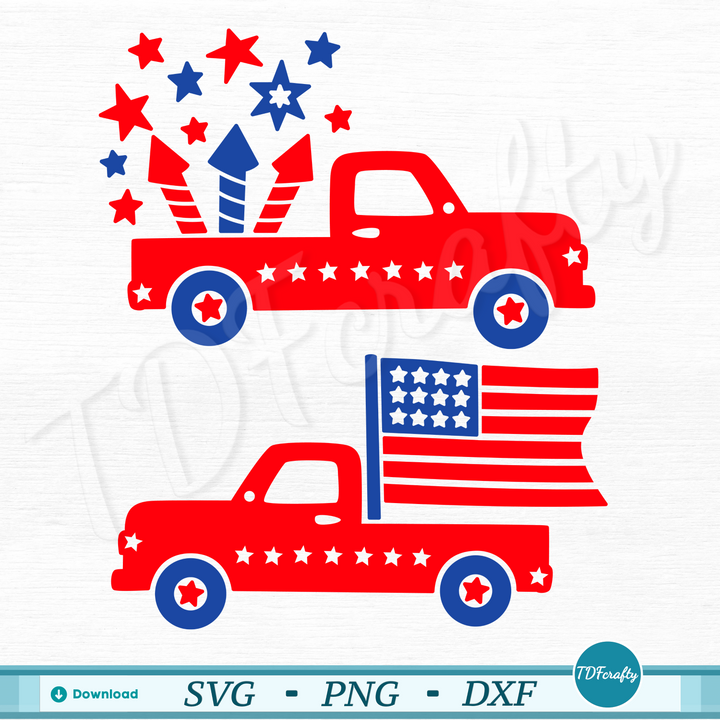 Patriotic Truck with American Flag and Fireworks