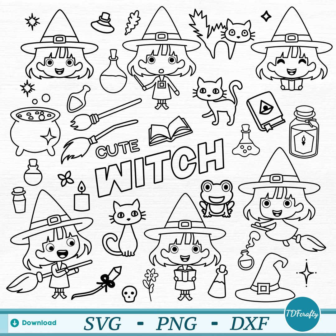 Cute Witch Outline Bundle