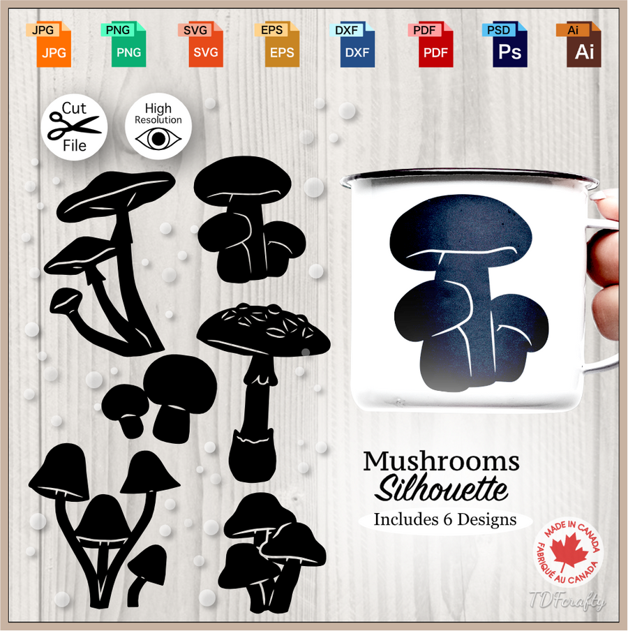 Mushroom shapes bundle cut file in jpg, png, svg, eps, dxf, ai, psd, pdf. Graphic Design