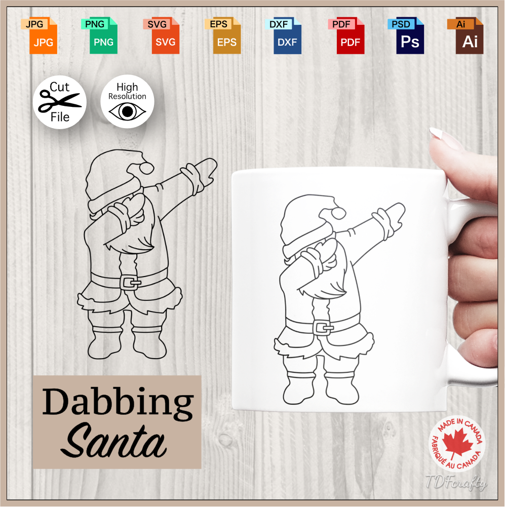 Dabbing Santa cut file in jpg, png, svg, eps, dxf, ai, psd, pdf. Shown as an example on a mug.