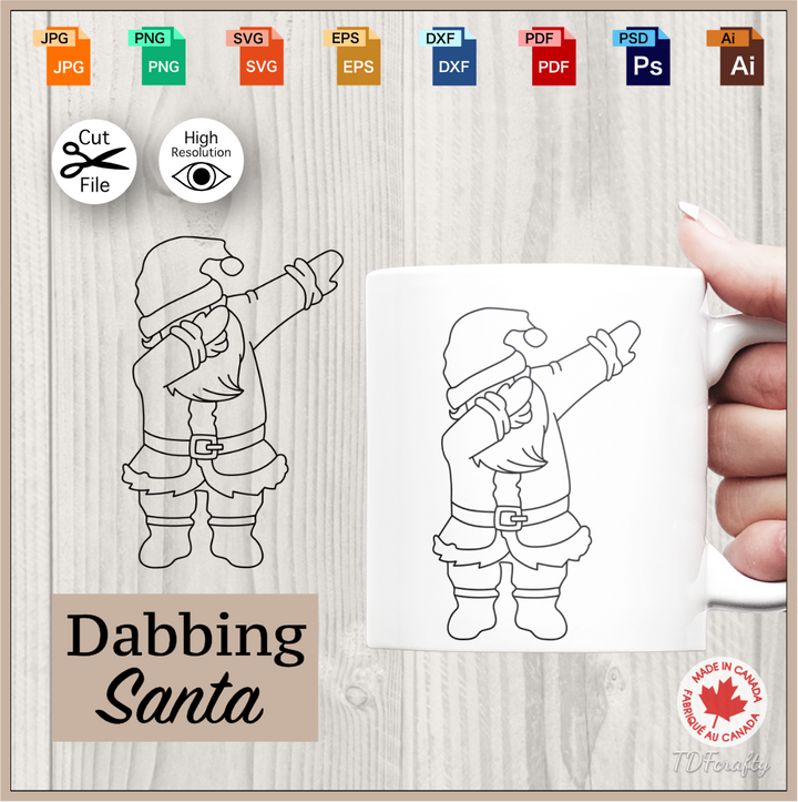Dabbing Santa cut file in jpg, png, svg, eps, dxf, ai, psd, pdf. Shown as an example on a mug.