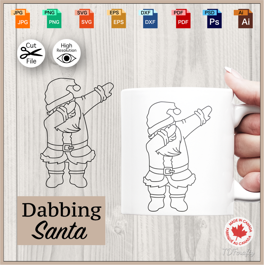 Dabbing Santa cut file in jpg, png, svg, eps, dxf, ai, psd, pdf. Shown as an example on a mug.