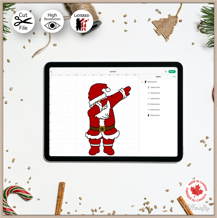 Dabbing Santa cut file design in jpg, png, svg, eps, dxf, ai, psd, pdf shown to work with Cricut Design Space.