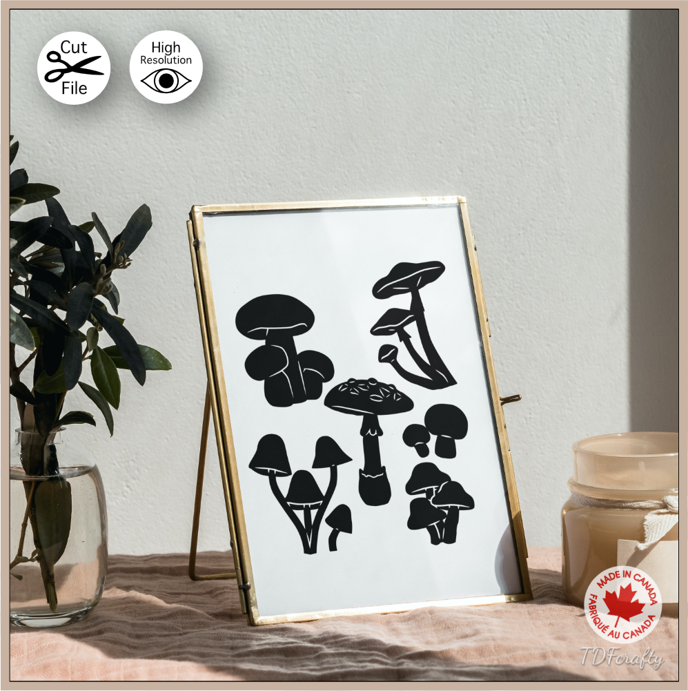 Mushroom shapes bundle cut file in jpg, png, svg, eps, dxf, ai, psd, pdf. Shown as a printable framed art.