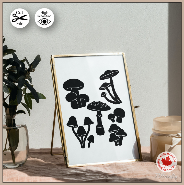 Mushroom shapes bundle cut file in jpg, png, svg, eps, dxf, ai, psd, pdf. Shown as a printable framed art.