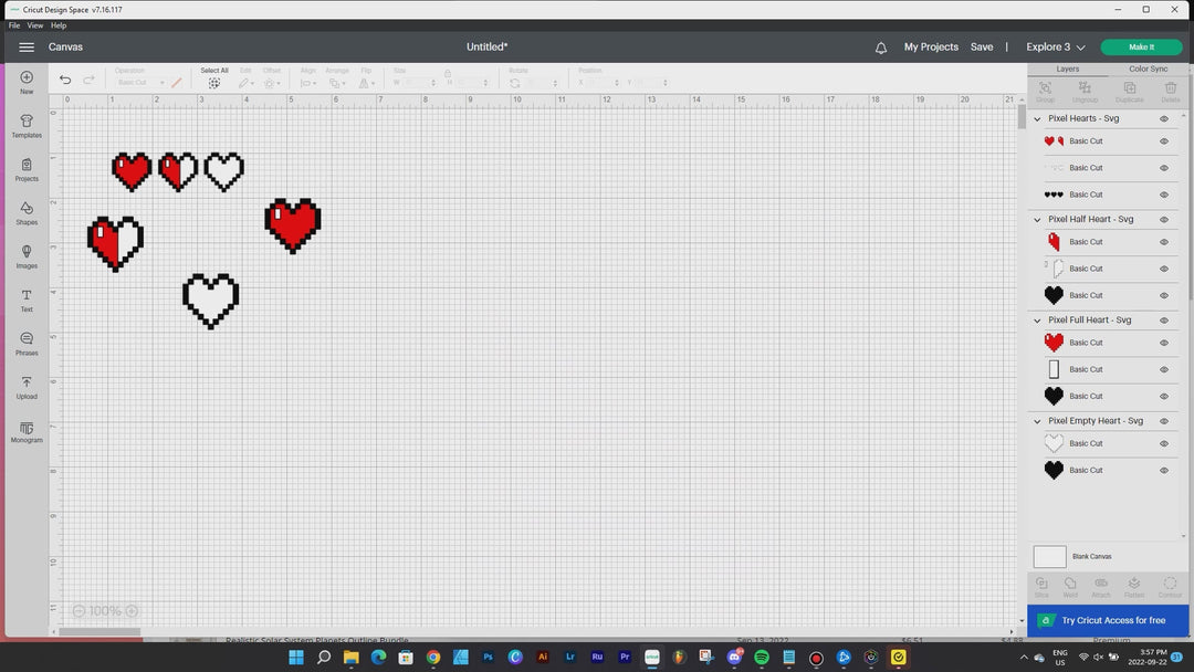 Color y silueta de corazones de píxeles