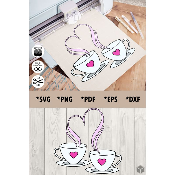 Tazas de café con vapor en forma de corazón