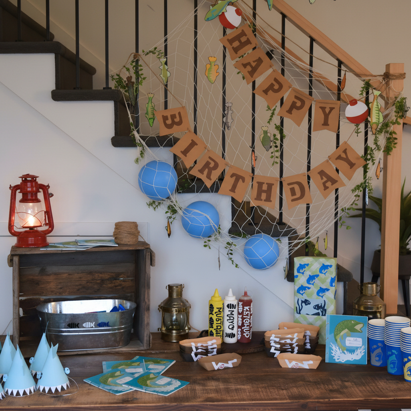 Birthday party setup with 'Happy Birthday' banner, balloons, and decorations on a staircase.