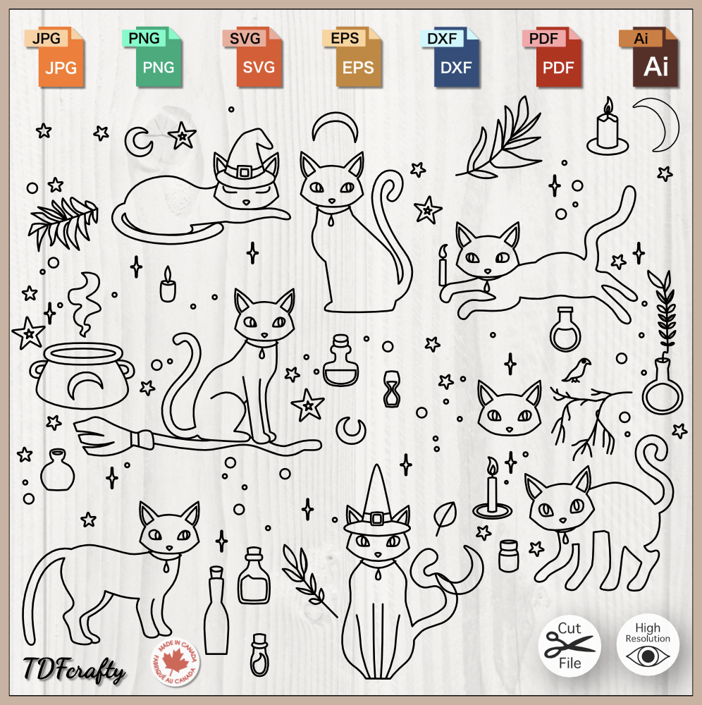 Witchy Cats Outline