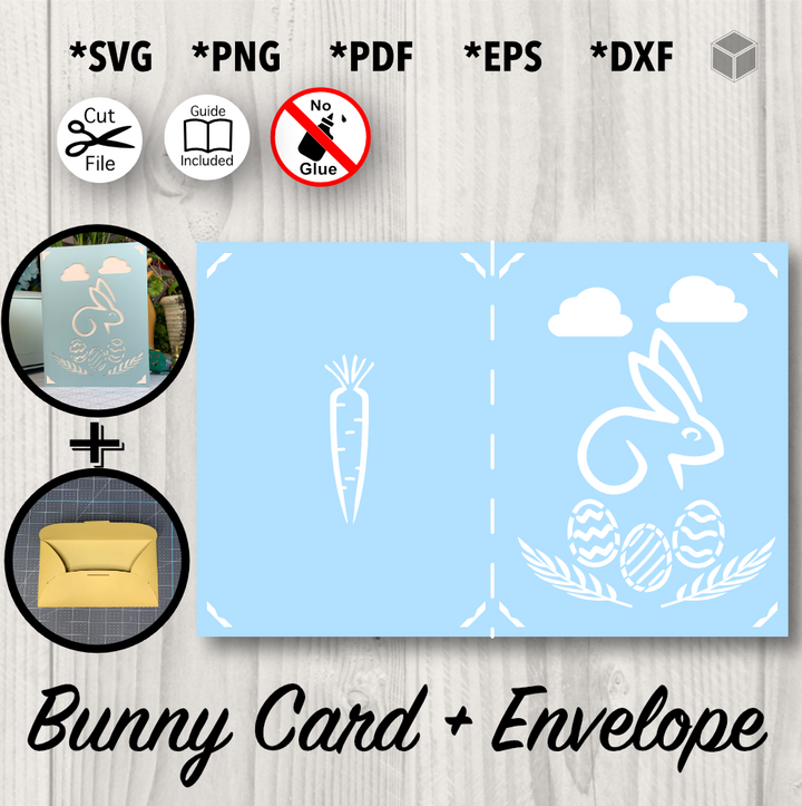 Easter Bunny Card and Envelope Template, formats SVG, PNG, PDF, EPS, DXF