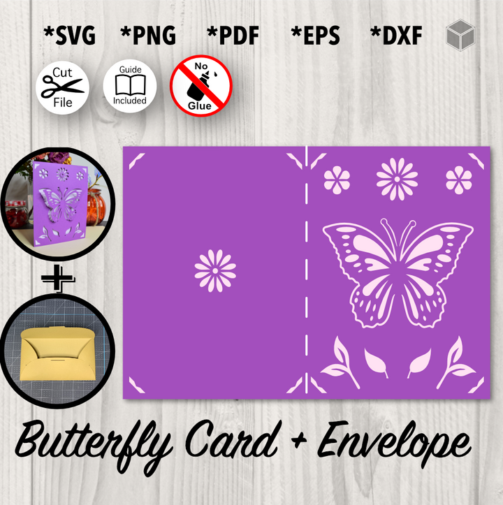 Butterfly Birthday Card and Envelope Template, formats SVG, PNG, PDF, EPS, DXF