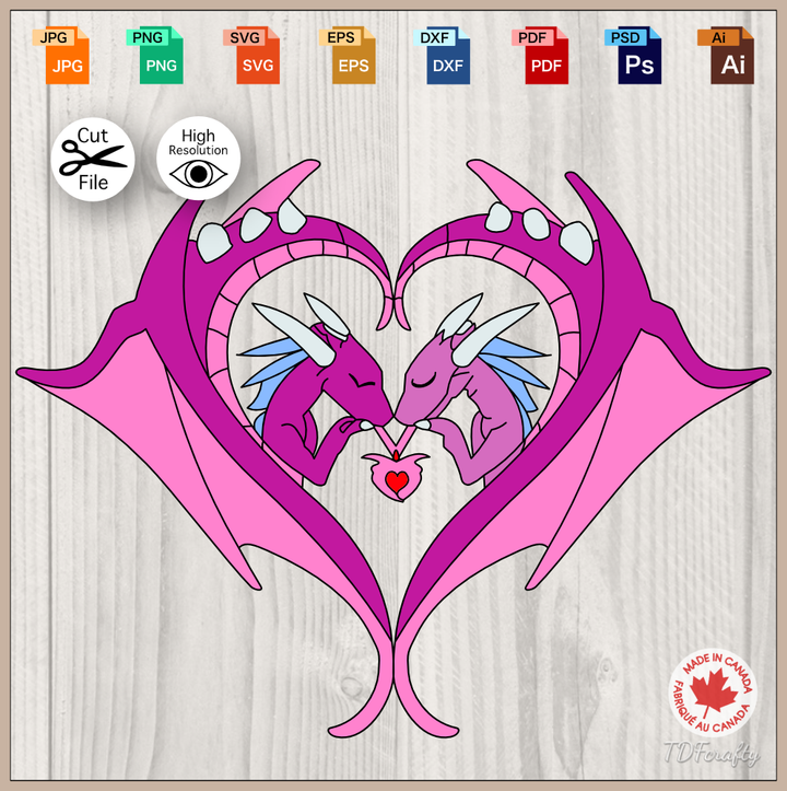 This is a digital illustration of two violet and pink dragons interlaces with their wings forming a heart. They are both hold together a dragon heart. It is also available as a vector file which allows it to be used with cutting machines and many everyday software. Available in SVG, PNG, JPEG, PDF, PSD, DXF, EPS and AI formats