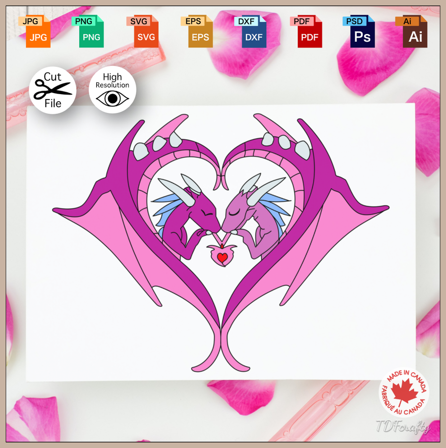 This is a digital illustration of two violet and pink dragons interlaces with their wings forming a heart. They are both hold together a dragon heart.  It is also available as a vector file which allows it to be used with cutting machines and many everyday software. Available in SVG, PNG, JPEG, PDF, PSD, DXF, EPS and AI formats