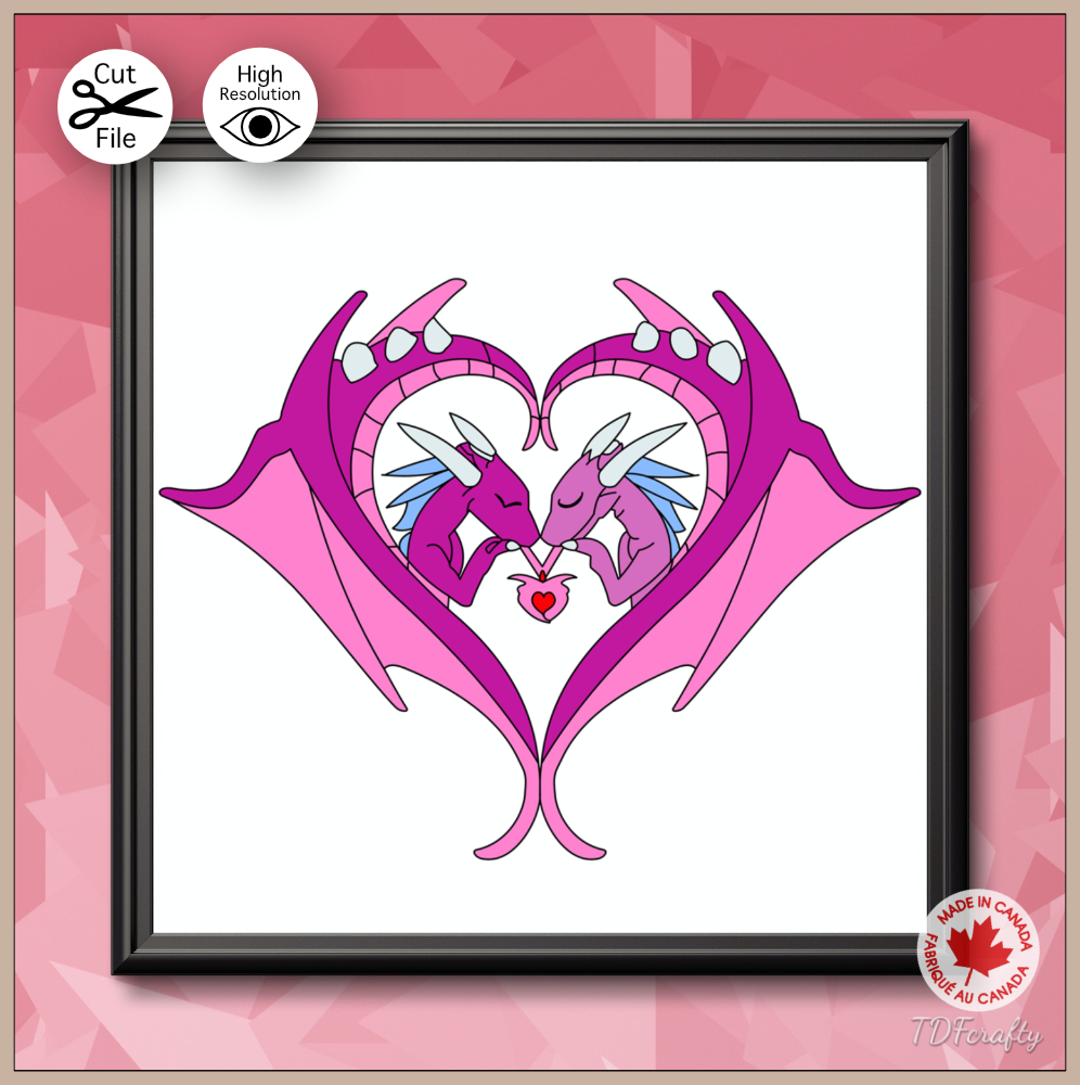 This is a digital illustration of a Two violet and pink dragon interlaces with their wings forming a heart. It is shown here inside a frame on a pink wall.