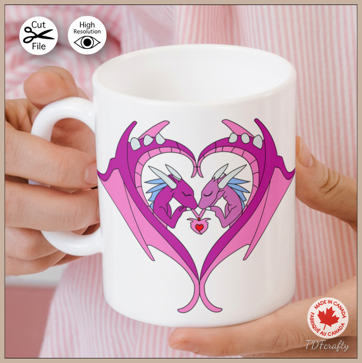 This is a digital illustration of a Two violet and pink dragon interlaces with their wings forming a heart. It is shown here print on a mug.
