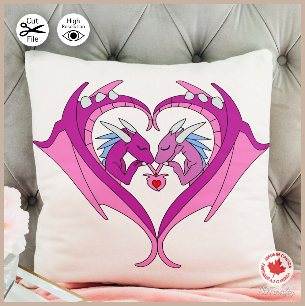 This is a digital illustration of a Two violet and pink dragon interlaces with their wings forming a heart. It is shown here printed on a pillow.