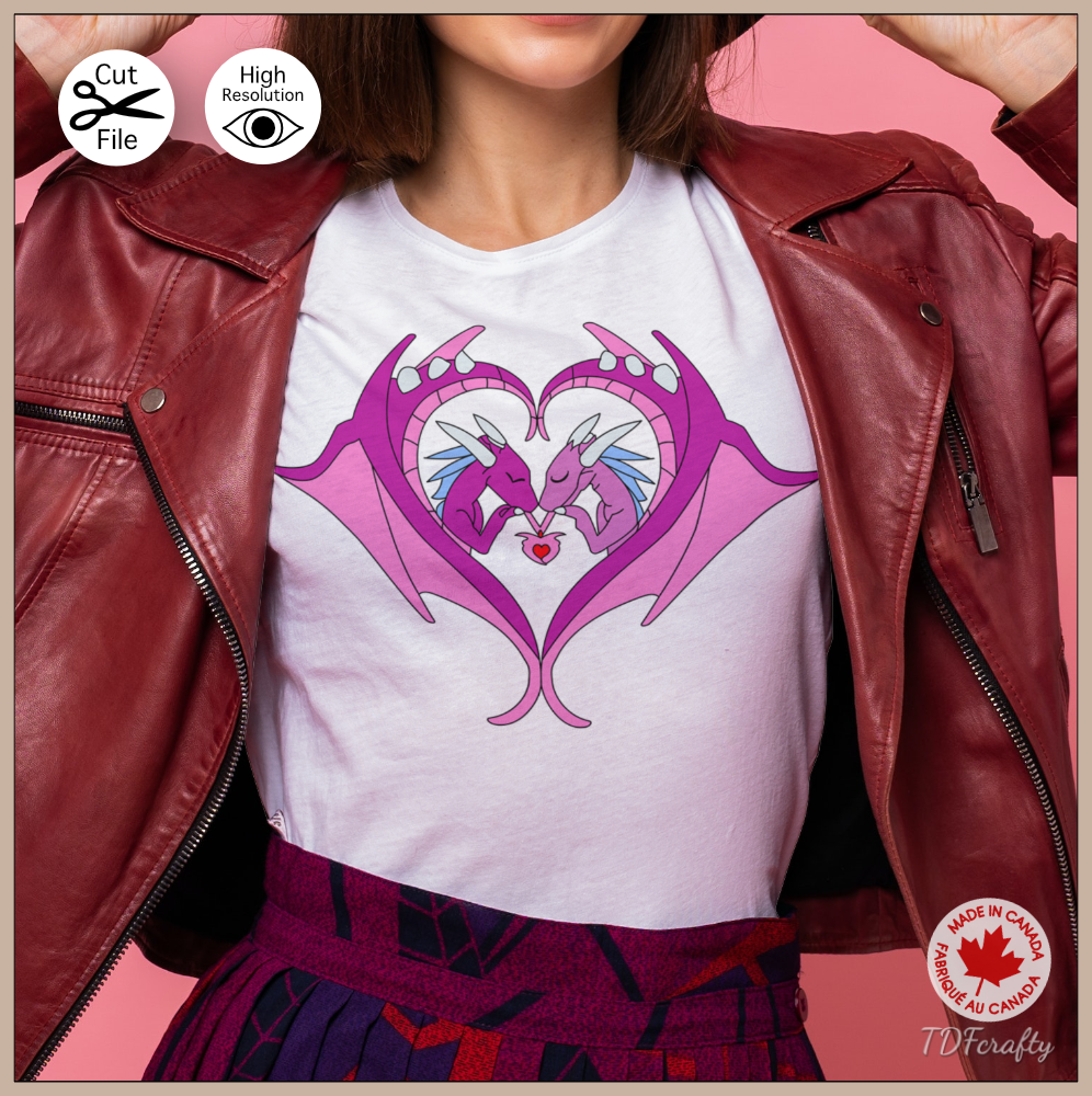 This is a digital illustration of a Two violet and pink dragon interlaces with their wings forming a heart. Shown here on a shirt.