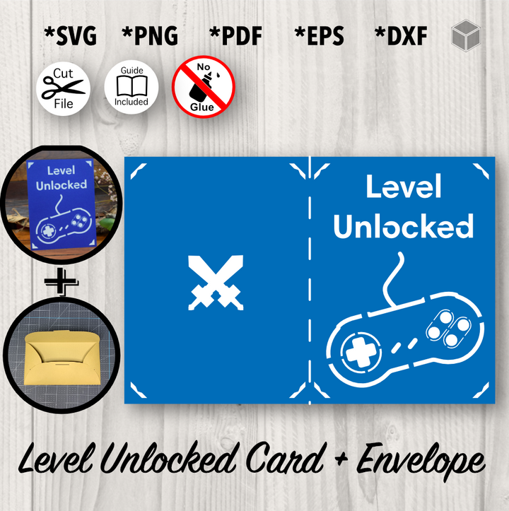 Level Unlocked Card and Envelope Template, formats SVG, PNG, PDF, EPS, DXF