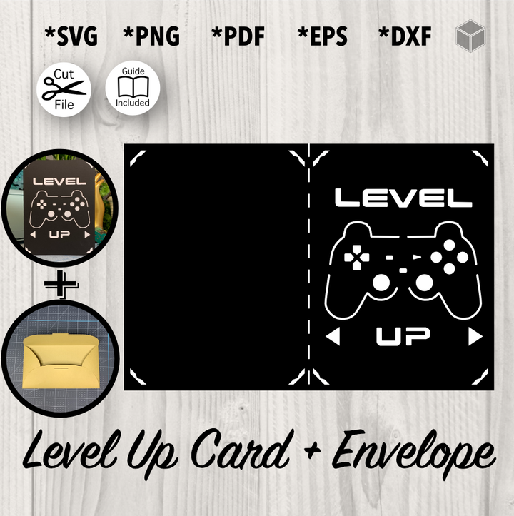  Level Up Card and Envelope Template, formats SVG, PNG, PDF, EPS, DXF