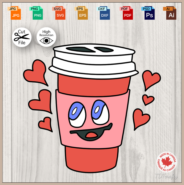 This is a digital illustration of a red to go coffee cup with a smiling face on it. It is surrounded by hearts and it looks happy. It is also available as a vector file which allows it to be used with cutting machines and many everyday software. Available in SVG, PNG, JPEG, PDF, PSD, DXF, EPS and AI formats