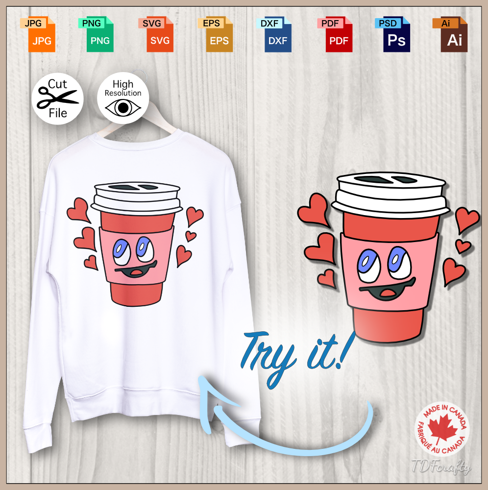 This is a digital illustration of a red to go coffee cup with a smiling face on it. Try heat transfering this design on a sweater.