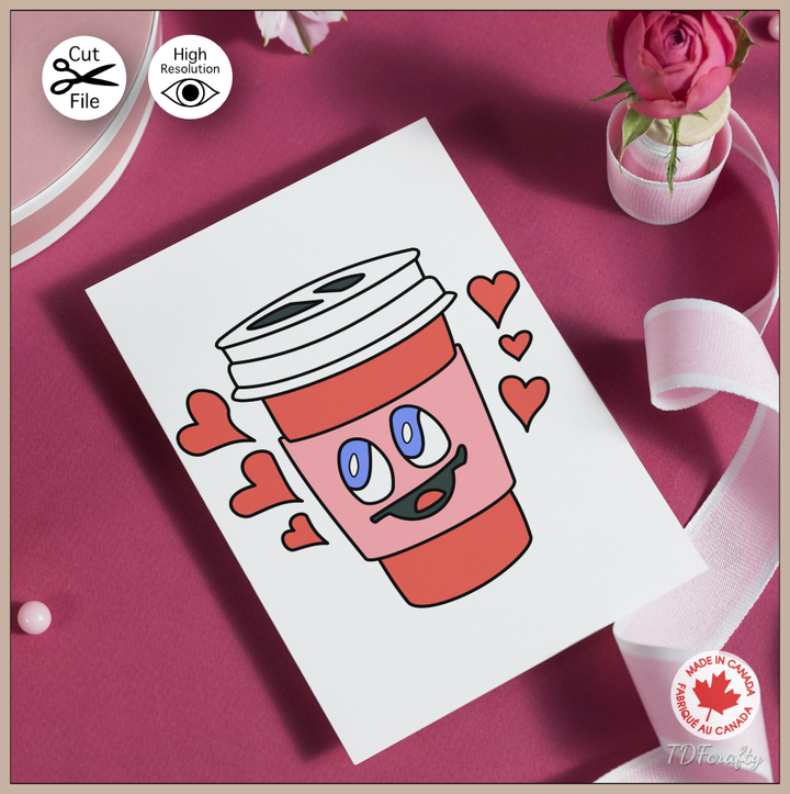 This is a digital illustration of a red to go coffee cup with a smiling face on it. Here it is printed on a card.