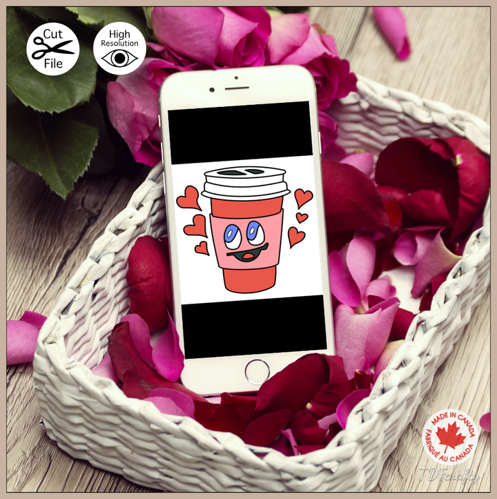 This is a digital illustration of a red to go coffee cup with a smiling face on it. You can see it here displayed on the screen of this phone.