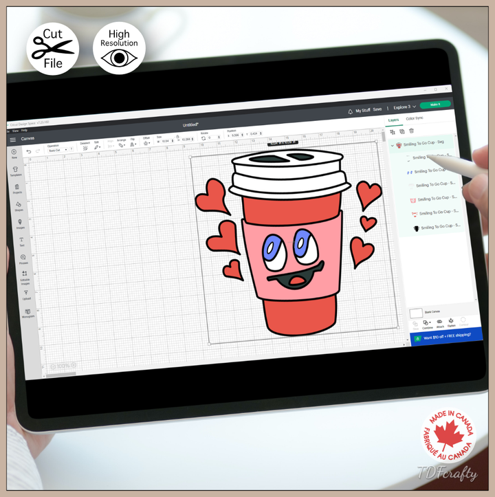 This is a digital illustration of a red to go coffee cup with a smiling face on it. The key to every successful project are high-quality designs – this design has been tested using a cutting machine and software, so you can be sure that everything will run smoothly!