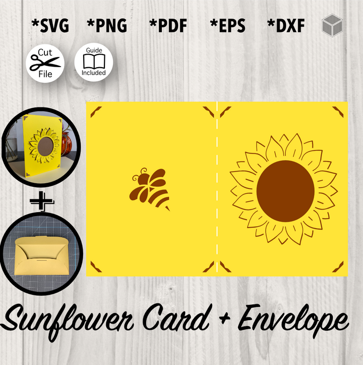 Sunflower Card and Envelope Template, formats SVG, PNG, PDF, EPS, DXF