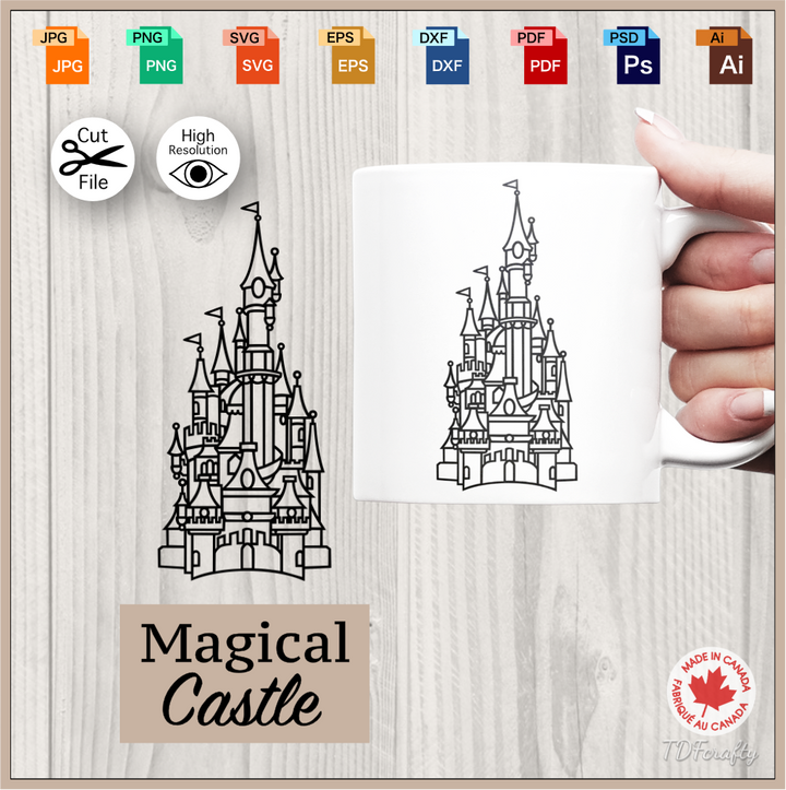 Magical castle outline cut file in jpg, png, svg, eps, dxf, ai, psd, pdf. Shown as an example on a mug.