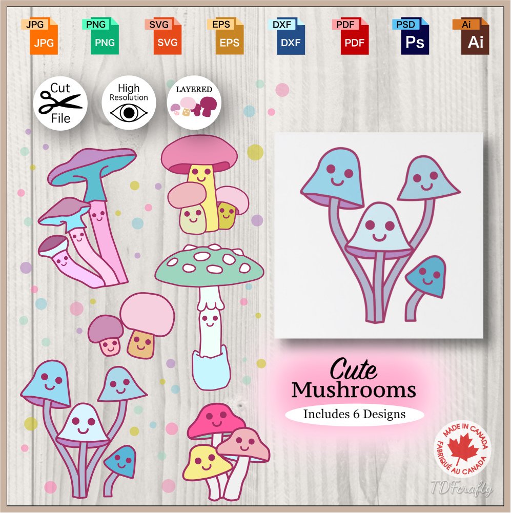 Cute pastel mushrooms bundle cut file in jpg, png, svg, eps, dxf, ai, psd, pdf. Shown as a printable birthday card.