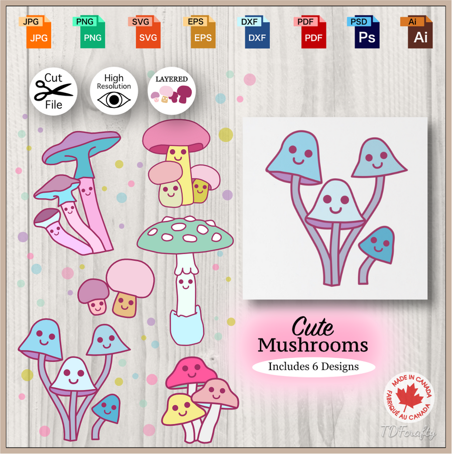 Cute pastel mushrooms bundle cut file in jpg, png, svg, eps, dxf, ai, psd, pdf. Shown as a printable birthday card.