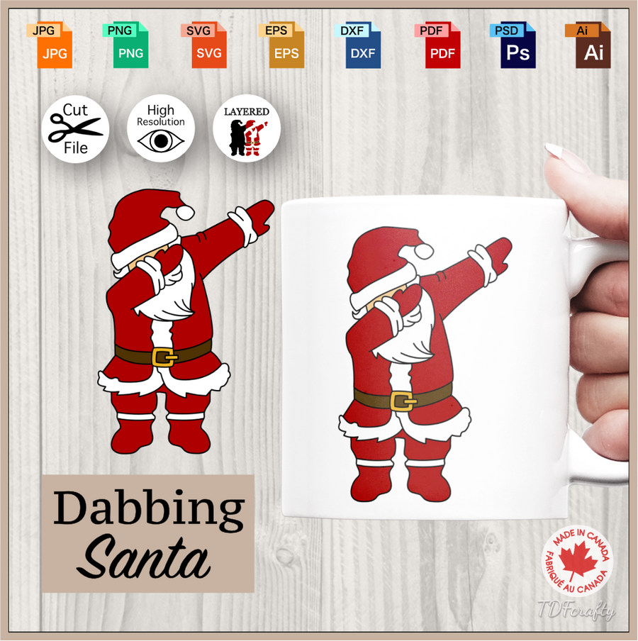 Dabbing Santa cut file in jpg, png, svg, eps, dxf, ai, psd, pdf. Shown as an example on a mug.