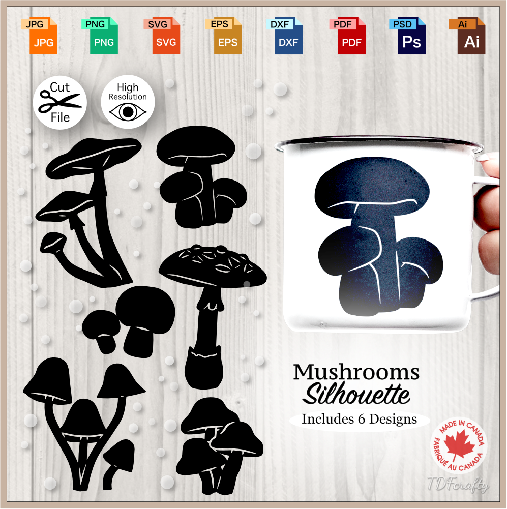 Mushroom shapes bundle cut file in jpg, png, svg, eps, dxf, ai, psd, pdf. Graphic Design