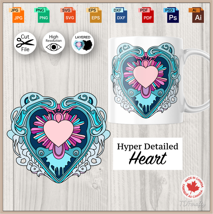 Hyper Detailed Heart svg, dxf, eps, psd, ai, jpg, pdf, png. Fantasy Magic Ice Heart Cut File Valentine’s Day Design, Water Waves Crystal Love, Melting Romantic Vector