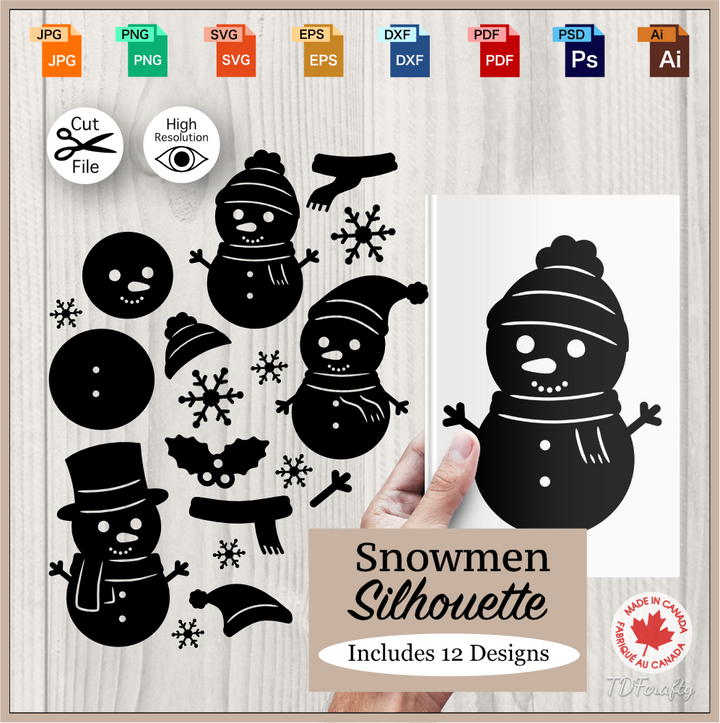 Snowmen silhouette bundle cut file in jpg, png, svg, eps, dxf, ai, psd, pdf. Shown as a book cover printable.