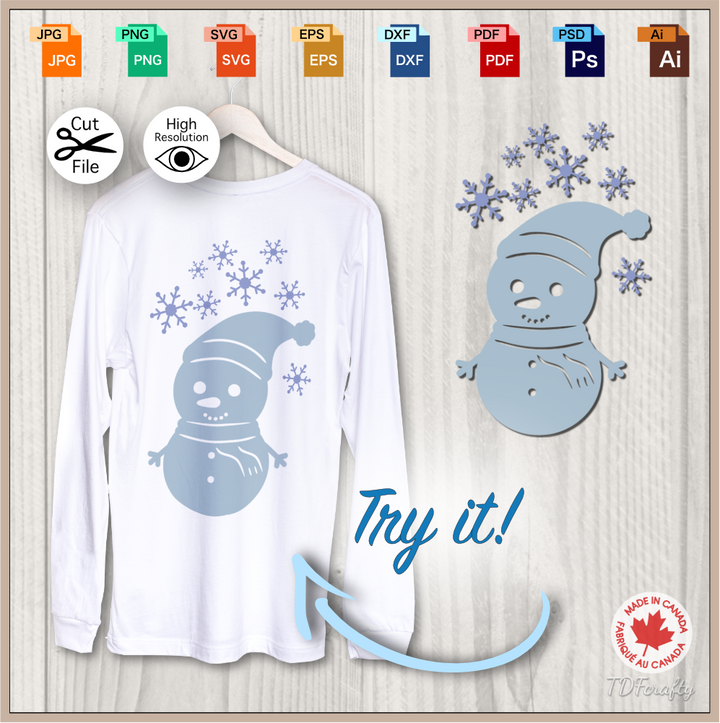 Snowmen wearing a Christmas hat with snowflakes cut file design in jpg, png, svg, eps, dxf, ai, psd, pdf as a shirt heat transfer