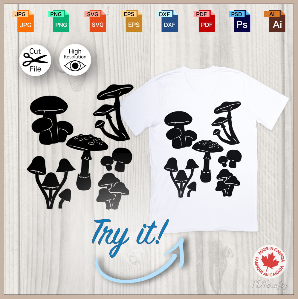 Mushroom shapes bundle cut file in jpg, png, svg, eps, dxf, ai, psd, pdf. Shirt heat transfer