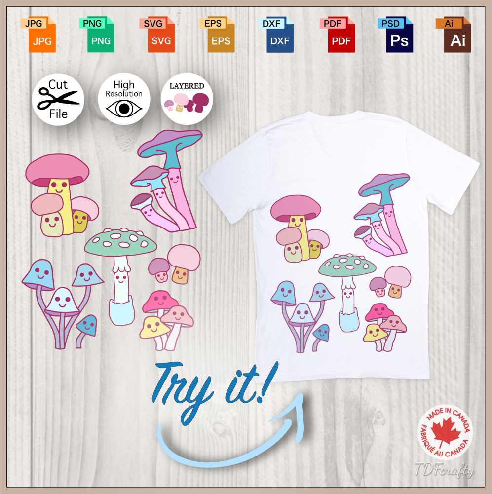 Cute pastel mushrooms bundle cut file design in jpg, png, svg, eps, dxf, ai, psd, pdf as a shirt heat transfer