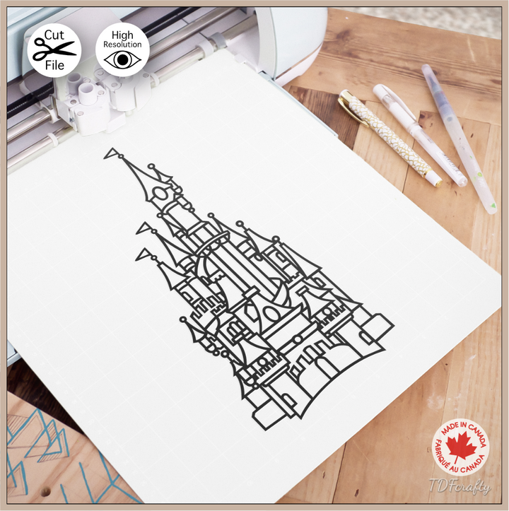 Magical fairy tale castle outline cut file design in jpg, png, svg, eps, dxf, ai, psd, pdf shown to cut with a Cricut machine.