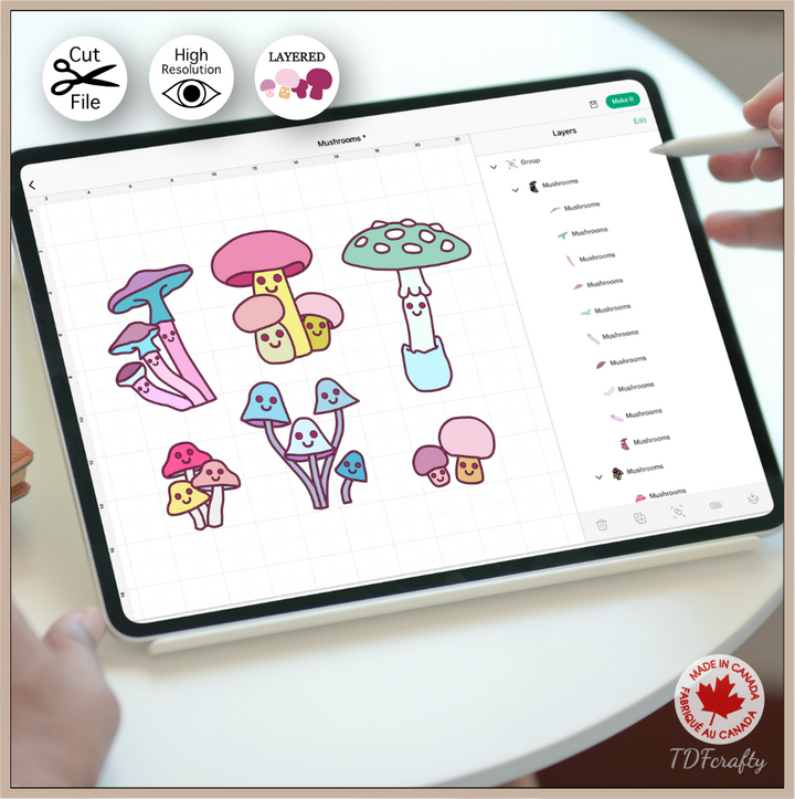 Make your cute pastel mushroomsin jpg, png, svg, eps, dxf, ai, psd, pdf shown in Cricut Design Space.