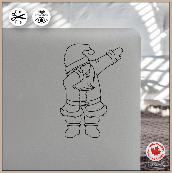 Dabbing Santa cut file design in jpg, png, svg, eps, dxf, ai, psd, pdf shown as a sticker on a laptop