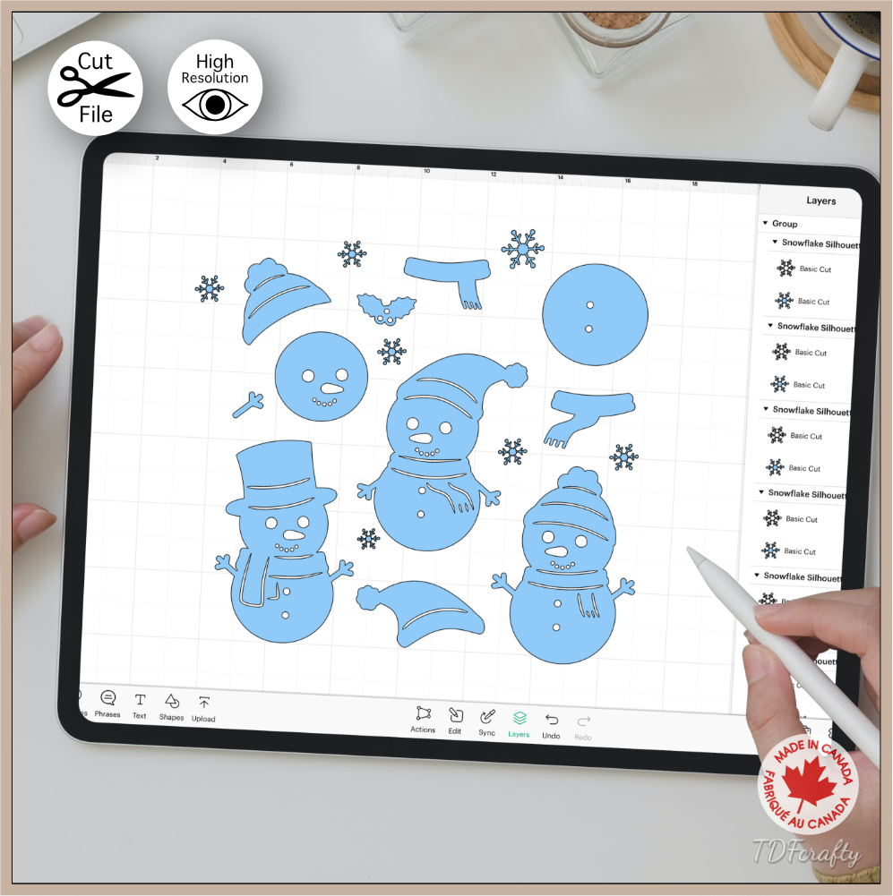 Make your own snowman with this cut file bundle in jpg, png, svg, eps, dxf, ai, psd, pdf shown in Cricut Design Space.