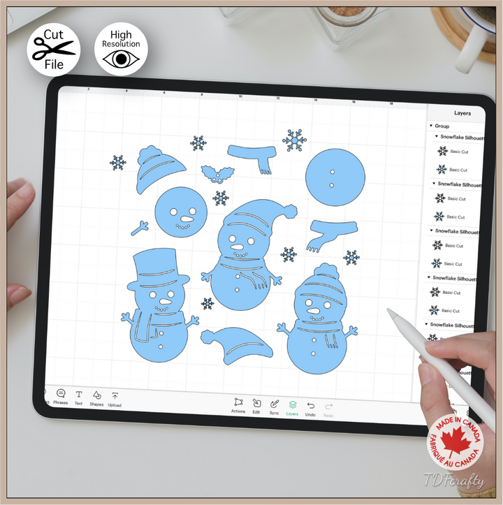 Make your own snowman with this cut file bundle in jpg, png, svg, eps, dxf, ai, psd, pdf shown in Cricut Design Space.
