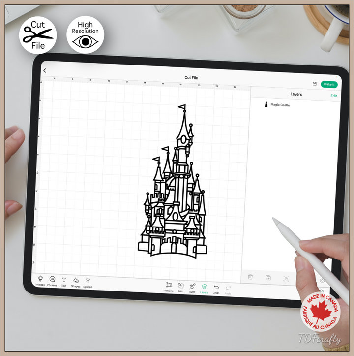 Magical fairy tale castle outline cut file design in jpg, png, svg, eps, dxf, ai, psd, pdf shown to work with Cricut Design Space.