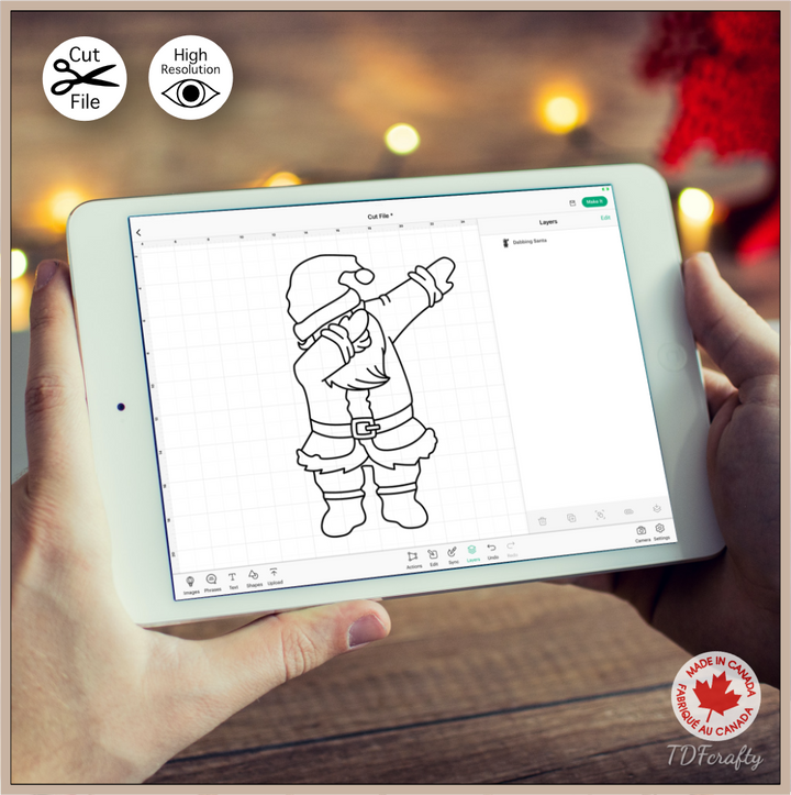 Dabbing Santa cut file design in jpg, png, svg, eps, dxf, ai, psd, pdf shown to work with Cricut Design Space.