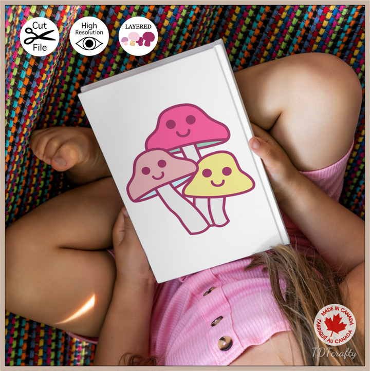 Cute pastel mushrooms bundle cut file design in jpg, png, svg, eps, dxf, ai, psd, pdf shown as a book cover.